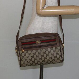 GUCCI GG Supreme Web Sherry Line Shoulder Bag PVC Beige Gold Red Auth bs29489